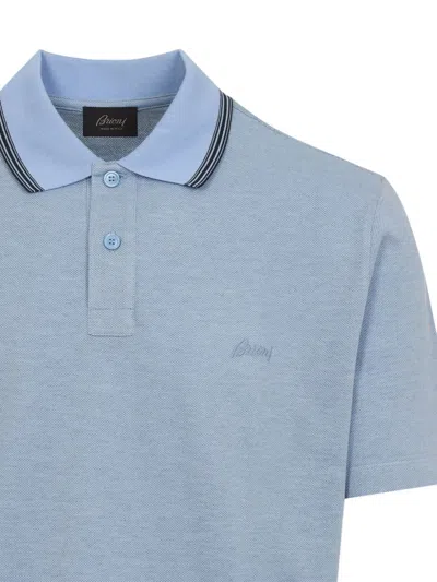 Brioni Striped Edge Polo Shirt In Cotton In Blue