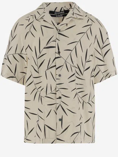 Jacquemus Cotton Poplin Shirt With Foliage Print And Embroidered Logo In Neutral