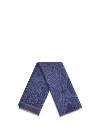 Etro Men Jacquard Wool And Silk Scarf In Blue