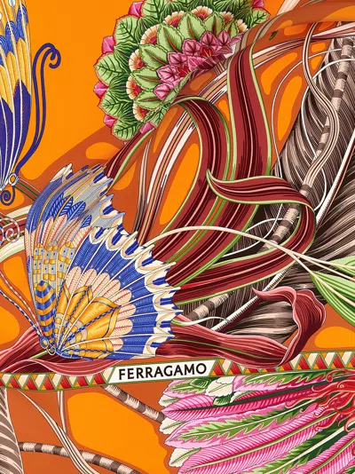 Ferragamo Border Butterfly Floral Intricate Vibrant Scarf In Orange