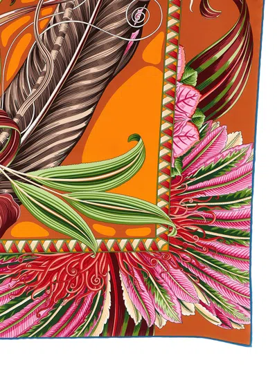 Ferragamo Border Butterfly Floral Intricate Vibrant Scarf In Orange