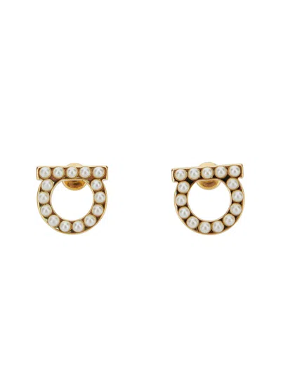 Ferragamo Gold-colored Gancini Earrings With Pearls In Brass Woman In Gold