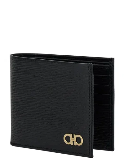 Ferragamo Men Black Gancini Bi-fold Wallet In Leather Man In Brown