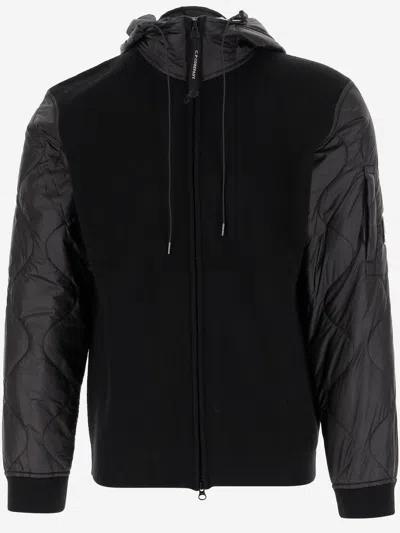 C.p. Company Wool Blend Jacket With Adjustable Hood And Ribbed Cuffs In Black