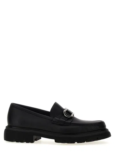 Ferragamo Chunky Sole Loafers With Metal Buckle Detail In Black