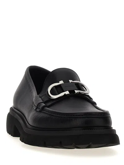Ferragamo Chunky Sole Loafers With Metal Buckle Detail In Black