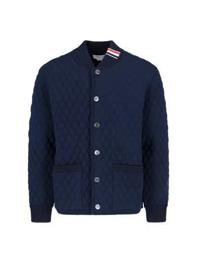 Thom Browne Blue Quilted Jacket With Bomber Collar And Logo Embroidery On The Collar In Blue