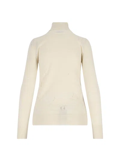 Mm6 Maison Margiela Mm6 By Maison Margiela High-neck Cream Wool Pullover With Numeric Logo In White