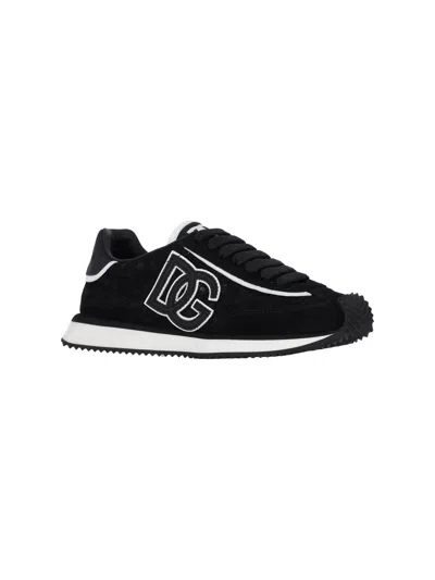 Dolce & Gabbana Dg Cushion Lace-detailed Suede Sneakers Shoes In Black