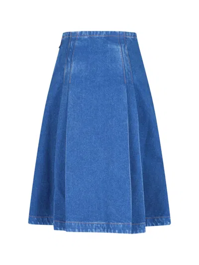 Marni Denim High Waist Midi Skirt With Pleated Detail