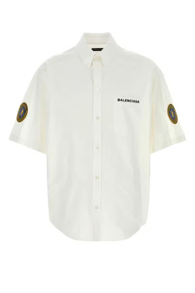 Balenciaga Cotton Poplin Shirt With Short Sleeves And Embroidered Patches In White