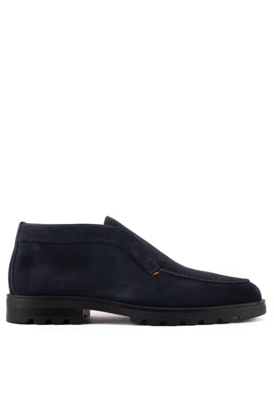 Santoni Midnight Blue Calf Suede Slip-on Shoes With Branded Insole