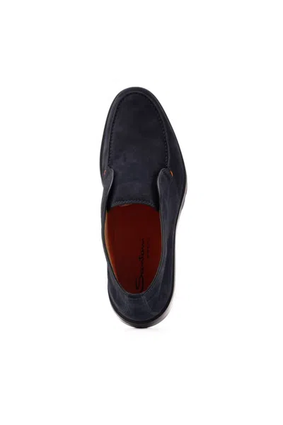 Santoni Midnight Blue Calf Suede Slip-on Shoes With Branded Insole