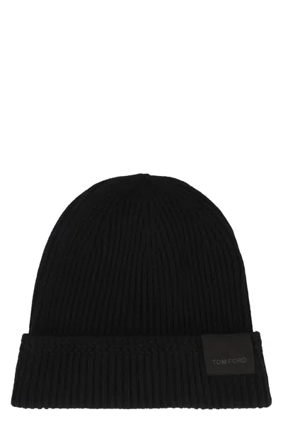 Tom Ford Mens Black Logo-patch Ribbed Cashmere-knit Beanie Hat In Black