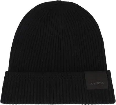 Tom Ford Mens Black Logo-patch Ribbed Cashmere-knit Beanie Hat In Black