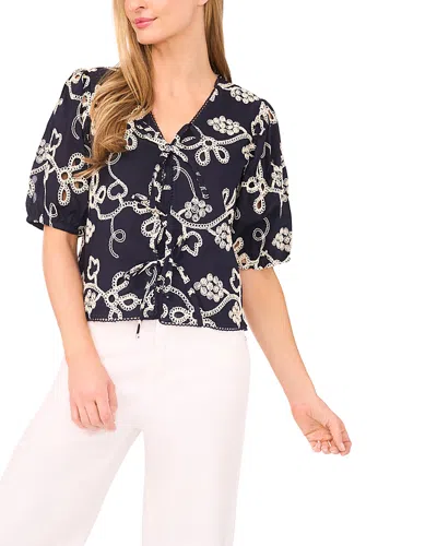 Cece Embroidered Short Sleeve Tie Front Top In Black