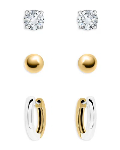 Aqua Cubic Zirconia & Polished Two-tone Stud & Hoop Earrings, Set Of 3 In Gold