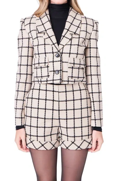 English Factory Windowpane Check Crop Tweed Jacket