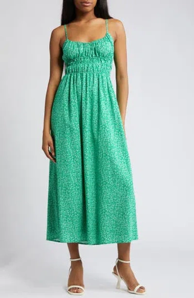 Charles Henry Floral Print Shirred Linen Blend Midi Dress