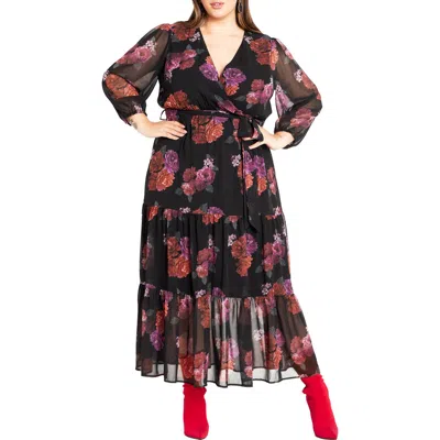 City Chic Monique Print Long Sleeve Faux Wrap Maxi Dress