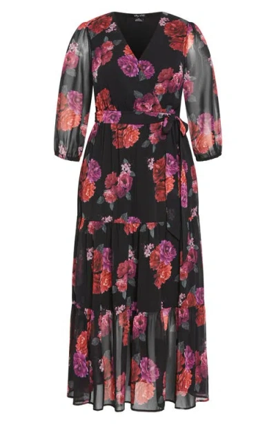 City Chic Monique Print Long Sleeve Faux Wrap Maxi Dress
