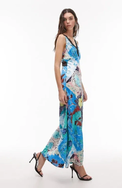 Topshop Midi Lace Insert Slip Dress In Abstract Print-multi