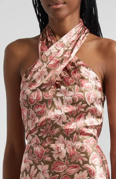Veronica Beard Alberta Floral Halter Neck Silk Blend Maxi Dress In Burgundy