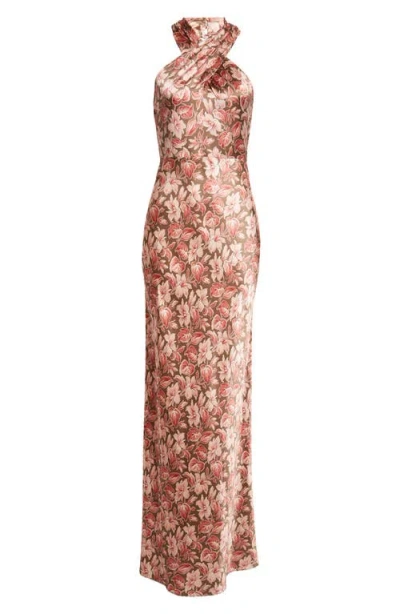 Veronica Beard Alberta Floral Halter Neck Silk Blend Maxi Dress In Burgundy