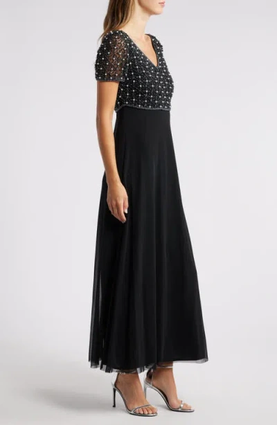 Pisarro Nights Pearly Beaded Short Sleeve A-line Gown