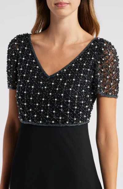 Pisarro Nights Pearly Beaded Short Sleeve A-line Gown