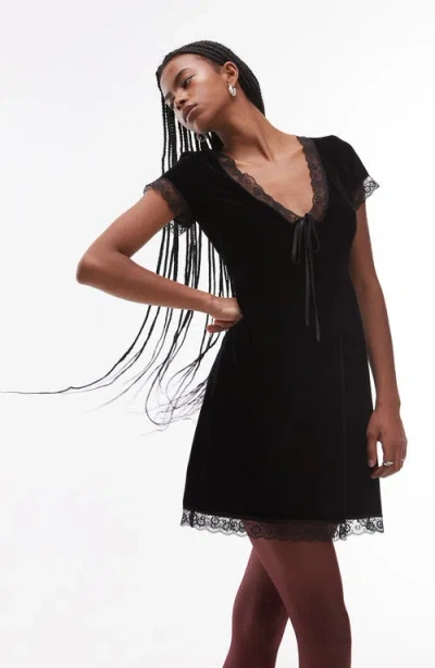 Topshop Short Sleeve Velvet & Lace Minidress