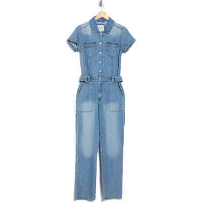 Habitual Short Sleeve Belted Denim Jumpsuit In Blue