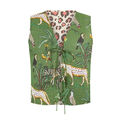 Yumi Women's  Green Animal Reversible Cotton Quilted Waistcoat