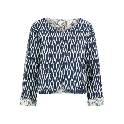 Yumi Women's Blue  Navy Ikat Reversible Cotton Quilted Jacket