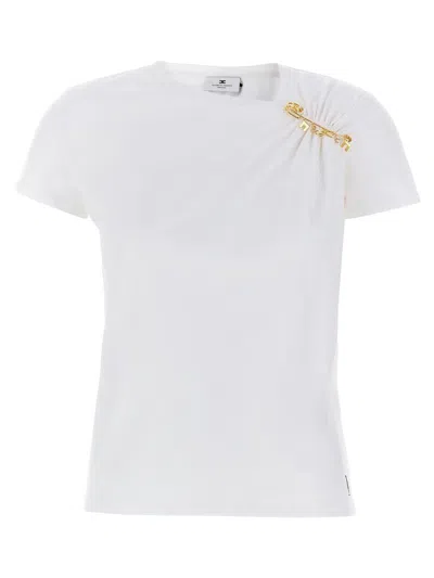 Elisabetta Franchi Asymmetric Neckline T-shirt With Gold Brooch Accents