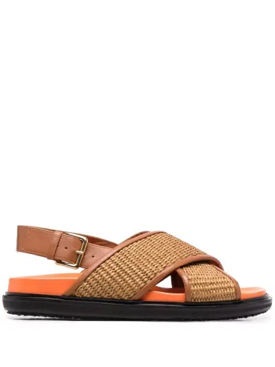 Marni Crossover Fussbett Sandal In Raffia Effect Fabric And Leather In Brown