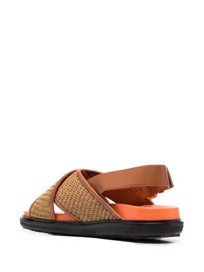 Marni Crossover Fussbett Sandal In Raffia Effect Fabric And Leather In Brown