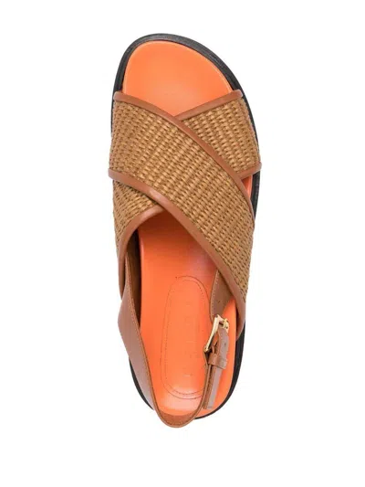 Marni Crossover Fussbett Sandal In Raffia Effect Fabric And Leather In Brown