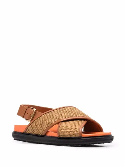 Marni Crossover Fussbett Sandal In Raffia Effect Fabric And Leather In Brown