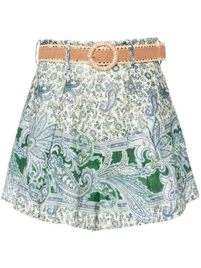 Zimmermann Ottie Belted Pleated Printed Linen Shorts