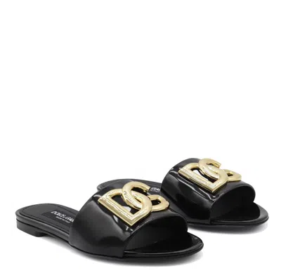 Dolce & Gabbana Logo-plaque Leather Slides In Black