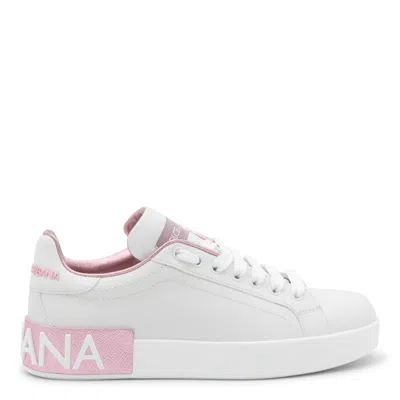 Dolce & Gabbana Portofino White And Pink Low Top Sneakers With Logo In Leather Woman In White