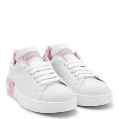Dolce & Gabbana Portofino White And Pink Low Top Sneakers With Logo In Leather Woman In White