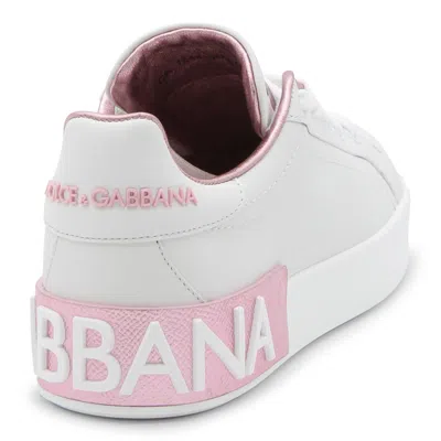Dolce & Gabbana Portofino White And Pink Low Top Sneakers With Logo In Leather Woman In White