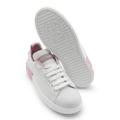Dolce & Gabbana Portofino White And Pink Low Top Sneakers With Logo In Leather Woman In White