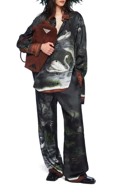 Attico Drawstring Waistband Printed Trousers Wide Leg In Black