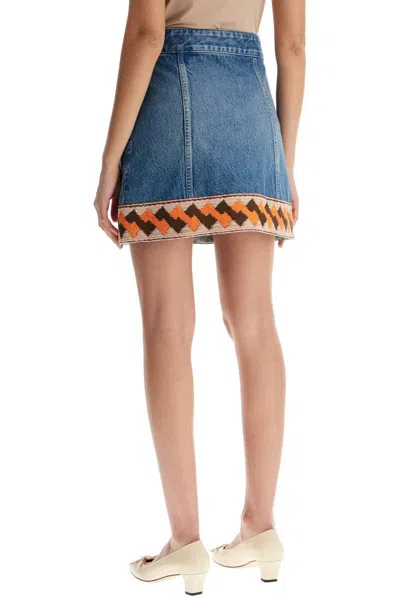 Valentino Garavani Medium Blue Denim Skirt With Geometric Trim Women In Blue