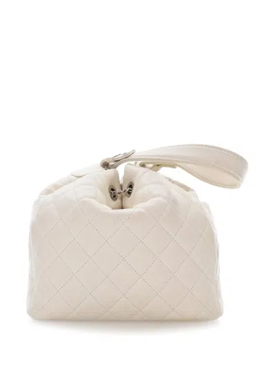 Pre-owned Chanel 2018-2019 Small Quilted Caviar Flat Drawstring Chain Bucket Bag In White