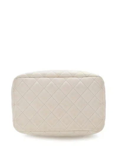 Pre-owned Chanel 2018-2019 Small Quilted Caviar Flat Drawstring Chain Bucket Bag In White
