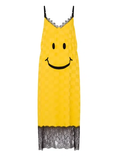 Moschino Smiley Graphic Lace-trimmed Midi Dress In Multi